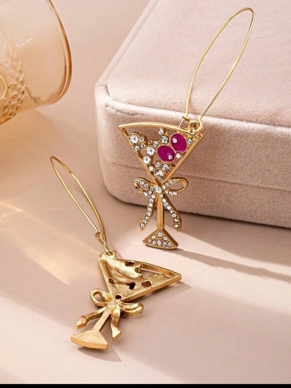 Gold Cocktail Glass Drop Earrings with Pink Accents